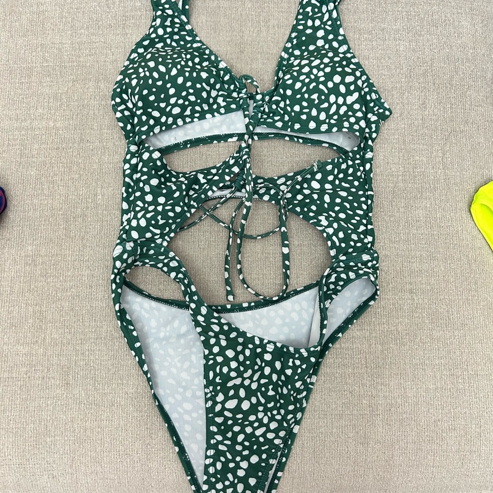Kids Green Cutout One-Piece Swimsuit with White Spot Print
